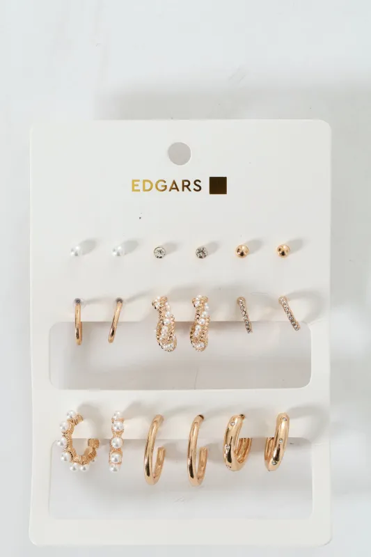 9 Pack Stud & Faux Pearl Bead Hoop Earrings - Gold sold by Edgars 