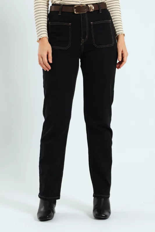 Contrast Stitch Patch Pocket Belted Straight Leg Jean - Black sold by Edgars