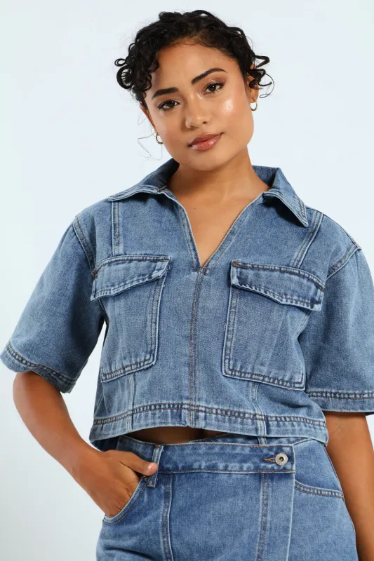 Boxy Denim Shirt - Mid Blue sold by Edgars