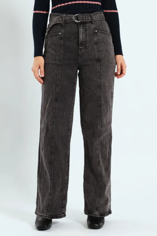 Hi-Rise Wide Leg Panneled Jean - Dark Grey sold by Edgars