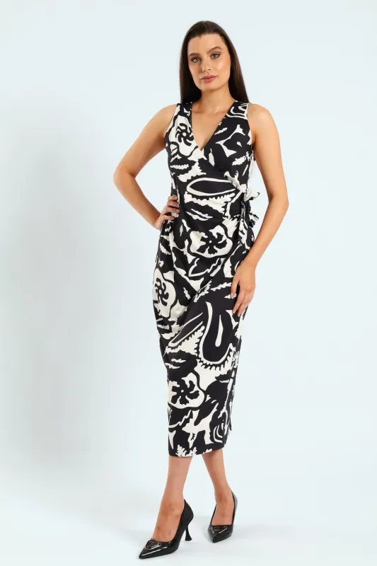 Wrap Tie-Up Monochrome Midi Dress - Black/Cream sold by Edgars