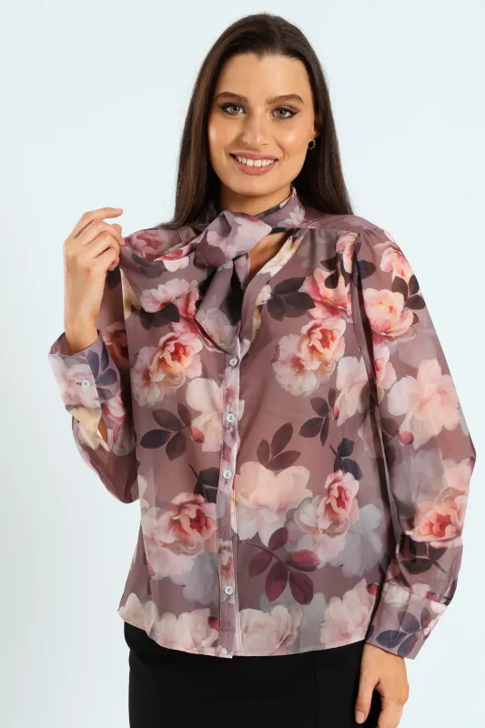 Kitty Bow Rosy Floral Blouse - Mauve sold by Edgars
