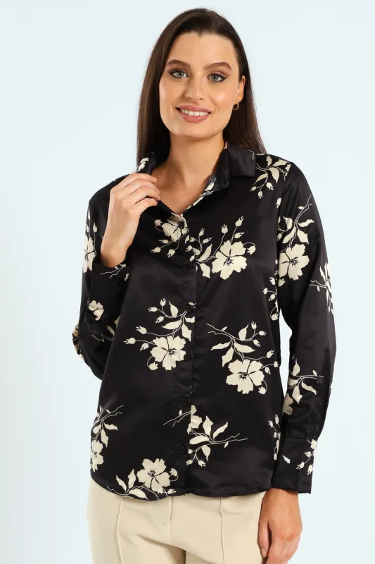 Floral Monochrome Satin Shirt - Black/Cream sold by Edgars