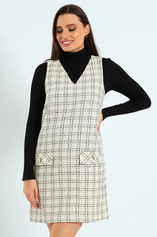 V-Neck Tweed Shift Dress - Cream/Black sold by Edgars 