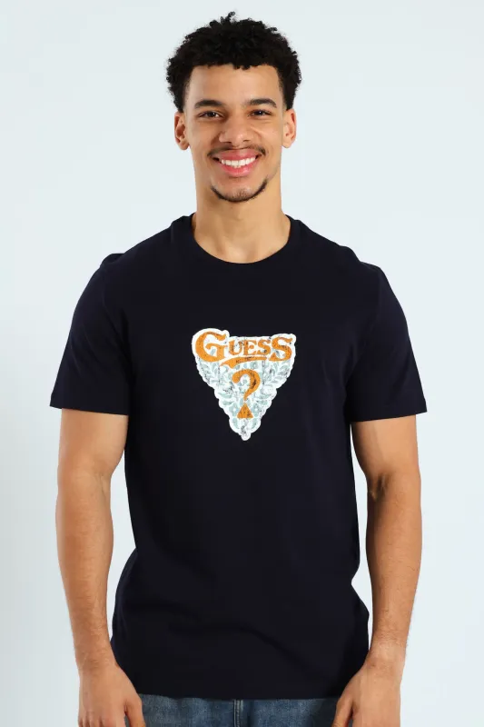 Short Sleeve Circle Neck Abstract Triangle Tee - Navy sold by Edgars