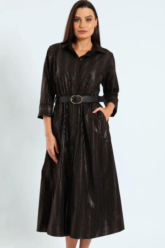 3 Quarter Sleeve Belted Midi Shirt Dress - Black sold by Edgars