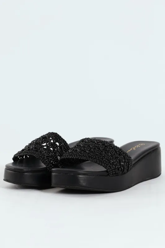 Weaved Single Band Flatform Mule Sandal - Black sold by Edgars