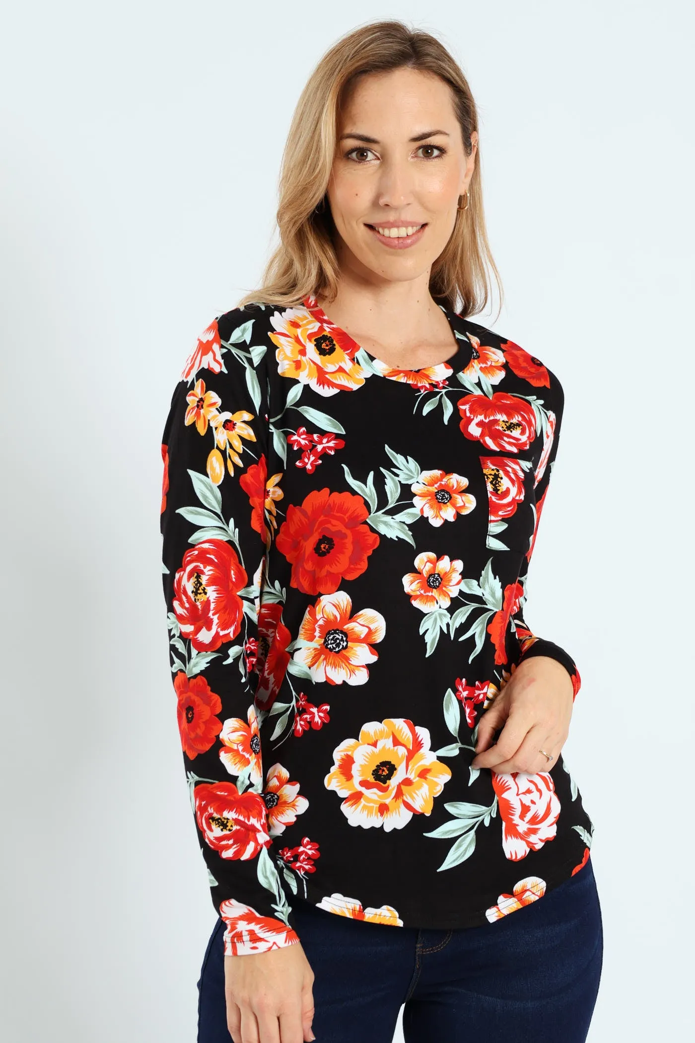 Long Sleeve Print Pocket Crew Top - Black/Red sold by Edgars