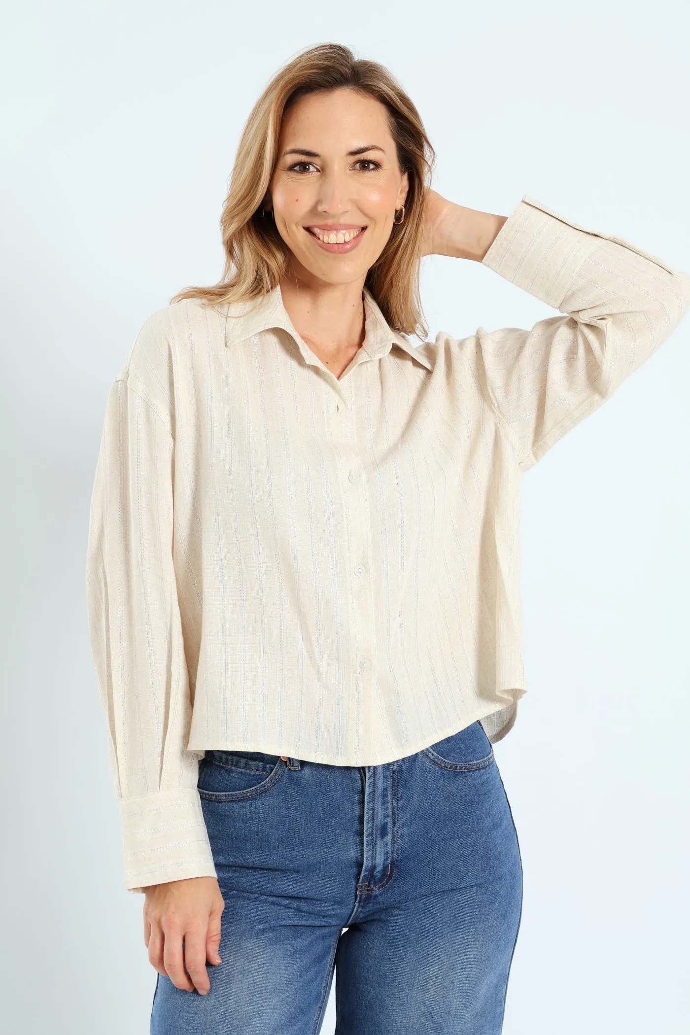 Lurex Stripe Boxy Linen Shirt - White/Beige sold by Edgars
