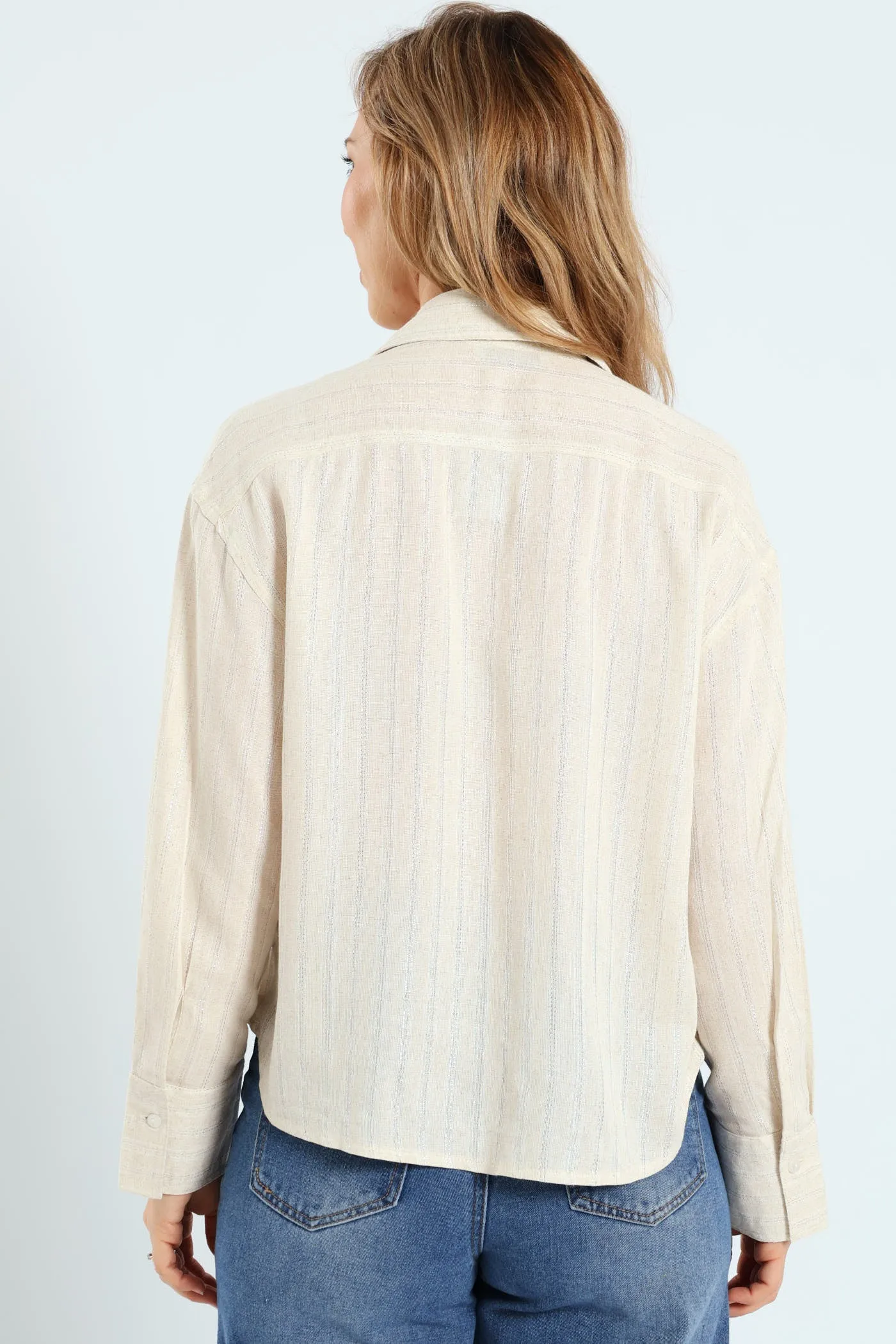 Lurex Stripe Boxy Linen Shirt - White/Beige sold by Edgars product image thumbnail 3