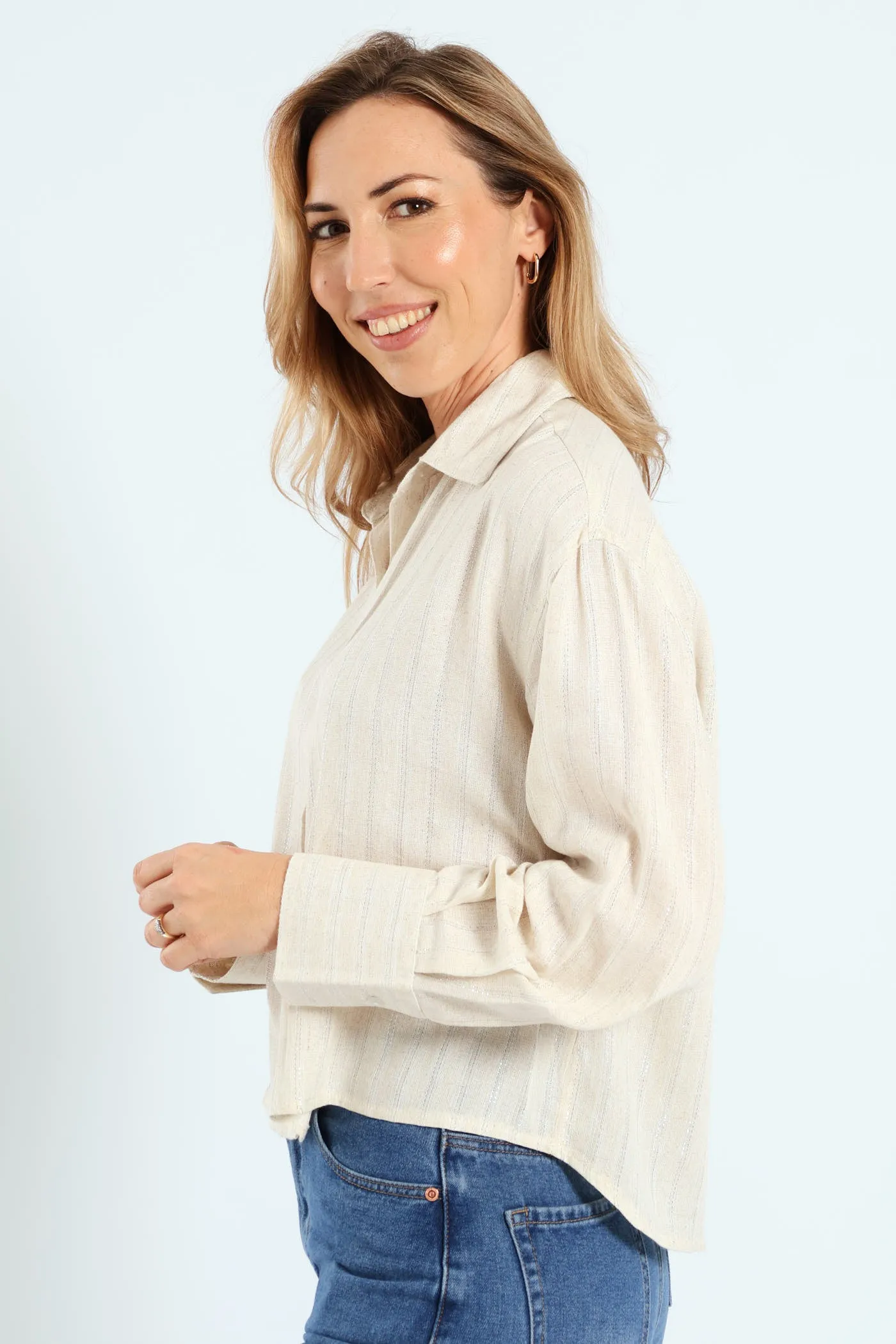 Lurex Stripe Boxy Linen Shirt - White/Beige sold by Edgars product image thumbnail 2