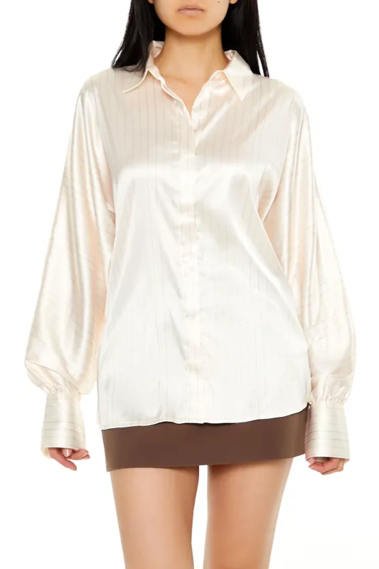 Long Sleeve Oversized Woven Button Down Top - Cream sold by Edgars