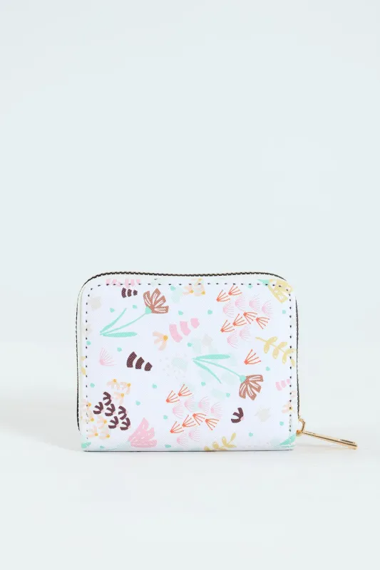 Floral Print Zip Around Purse - White sold by Edgars