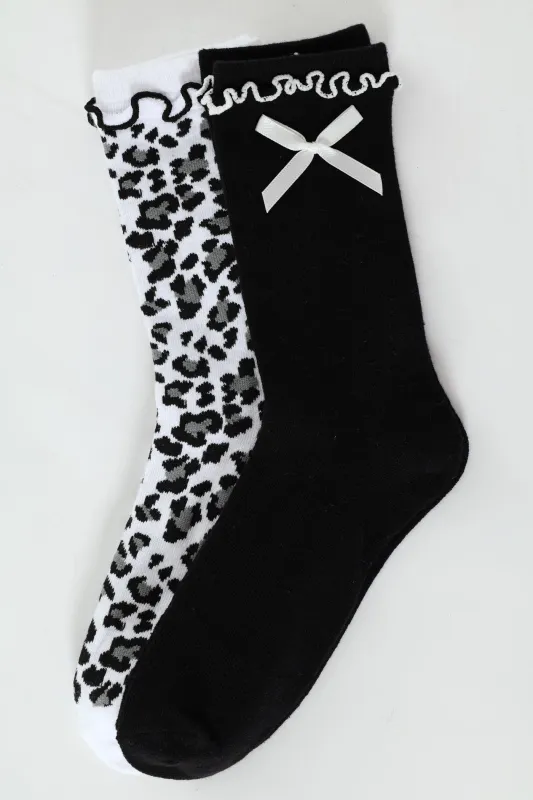 Girls 2 Pack Animal Print Bow Fashion Anklet Socks - Black sold by Edgars 
