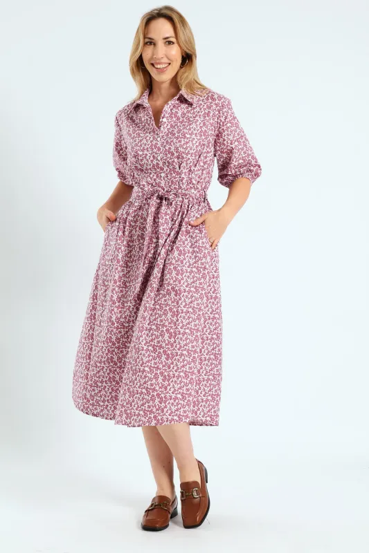 Button Through Collared Belted Midi Dress - Lilac sold by Edgars