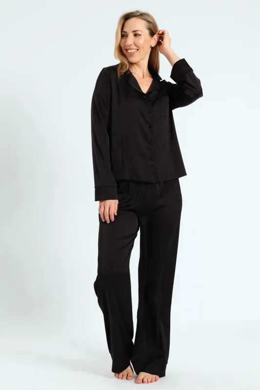 Long Sleeve Button Through Top & Pants Satin Set - Black sold by Edgars