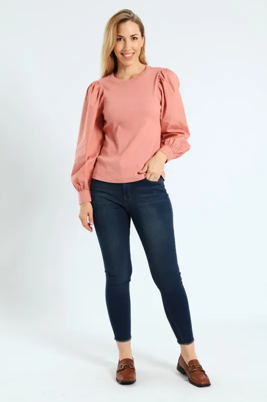 Long Puff Sleeve Rib Combo Tee - Dusty Rose sold by Edgars