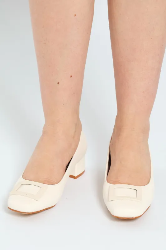 Square Toe Block Court Heel With Trim - Cream sold by Edgars