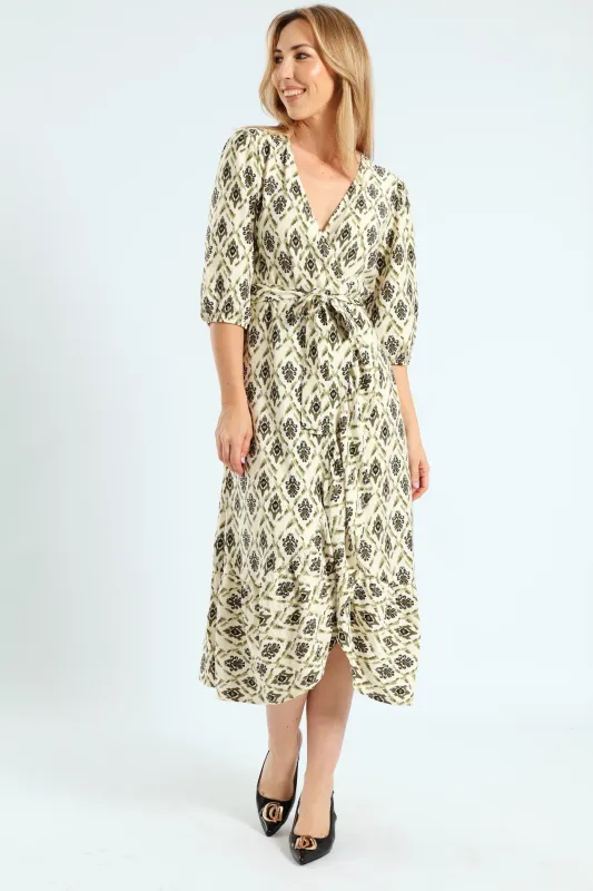 3/4 Sleeve Mock Wrap Frill Hem Midi Dress - Fatigue/Stone sold by Edgars 