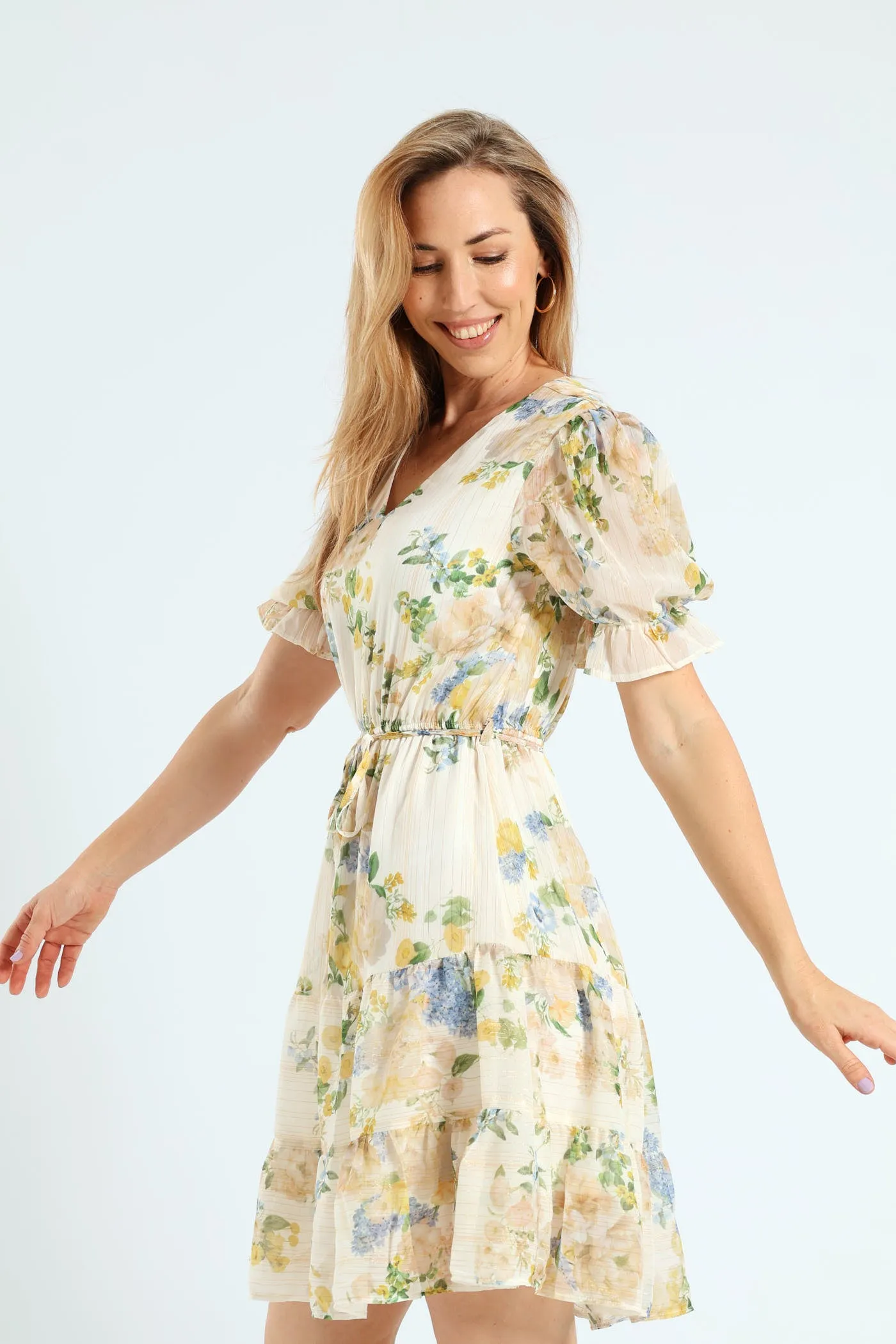 V-Neck Waisted Floral Frill Hem Tea Dress - Cream sold by Edgars product image thumbnail 3