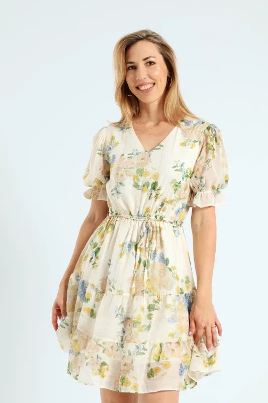 V-Neck Waisted Floral Frill Hem Tea Dress - Cream sold by Edgars