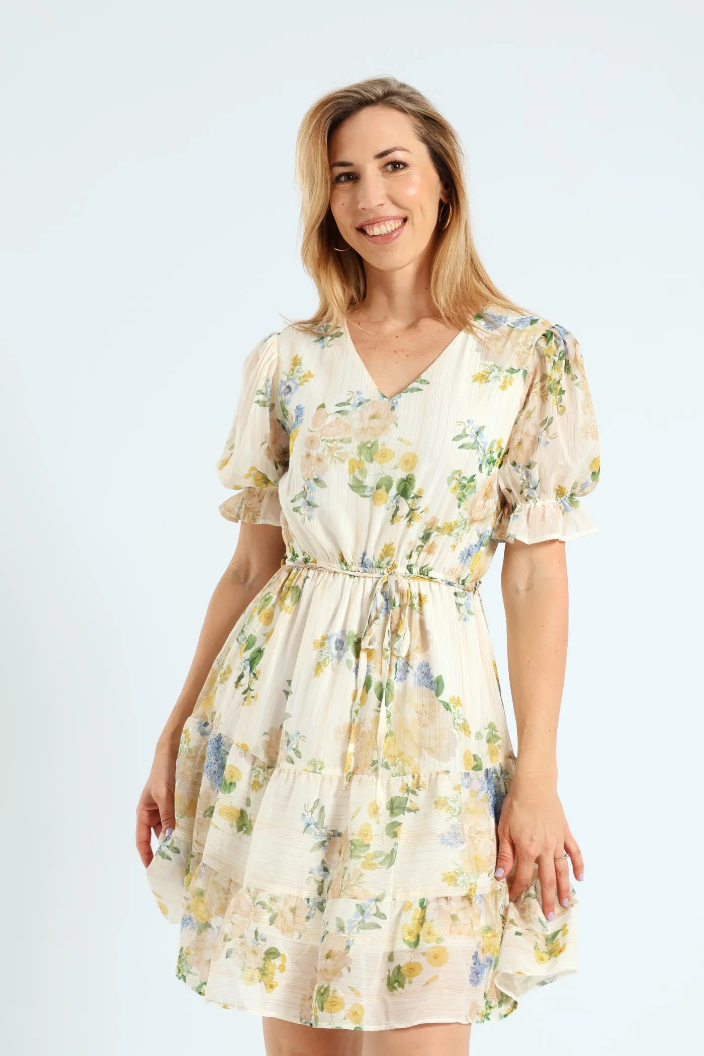 V-Neck Waisted Floral Frill Hem Tea Dress - Cream sold by Edgars