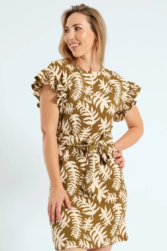 Frill Sleeve Belted Pleated Knit Shift Mini Dress - Avocado sold by Edgars