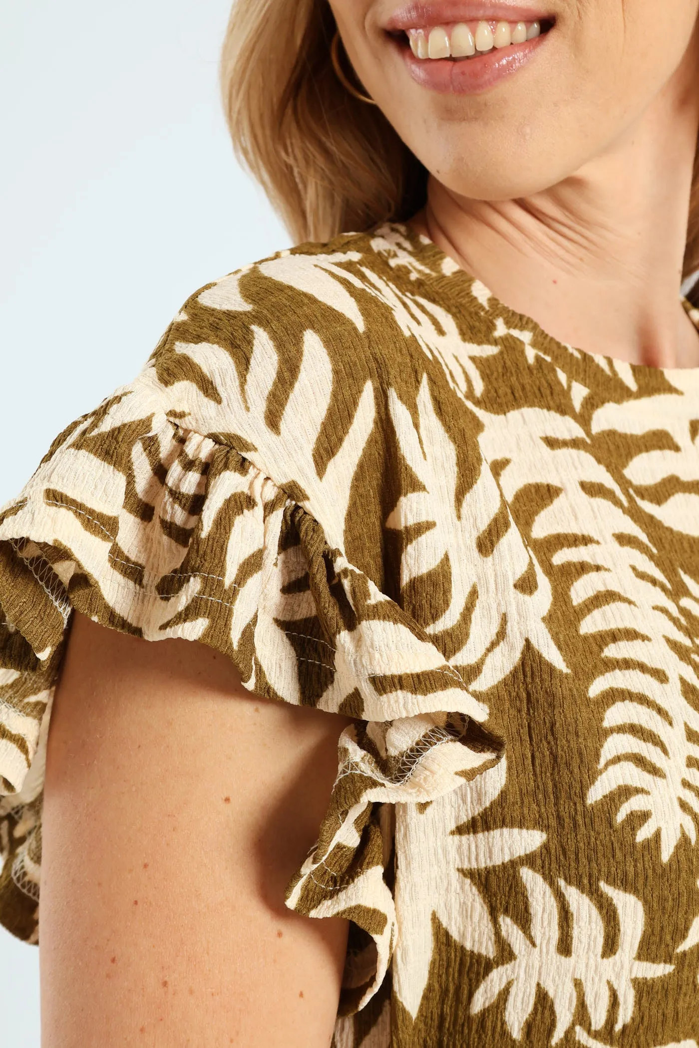 Frill Sleeve Belted Pleated Knit Shift Mini Dress - Avocado sold by Edgars product image thumbnail 2