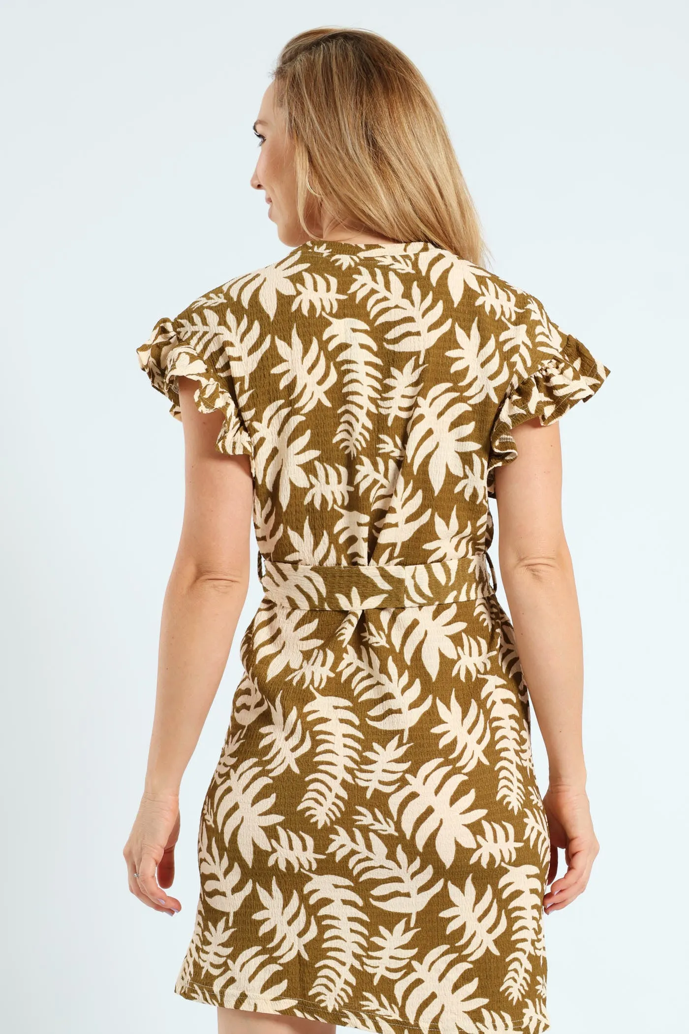 Frill Sleeve Belted Pleated Knit Shift Mini Dress - Avocado sold by Edgars product image thumbnail 3