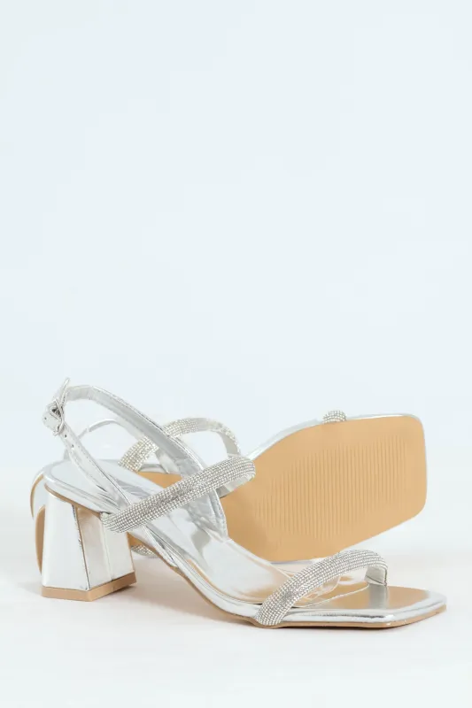 Double Diamante Strap On Block Heel - Silver sold by Edgars