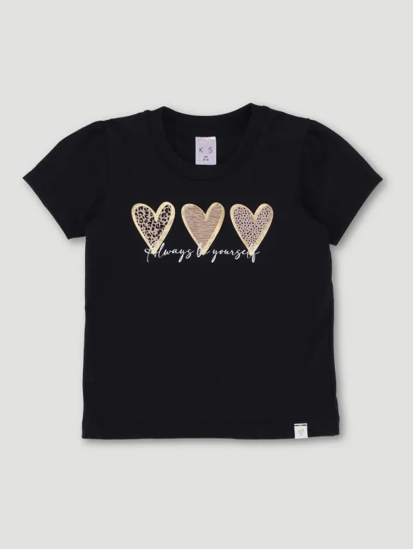 Pre-Girls Animal Print Hearts Basic Tee - Black sold by Edgars