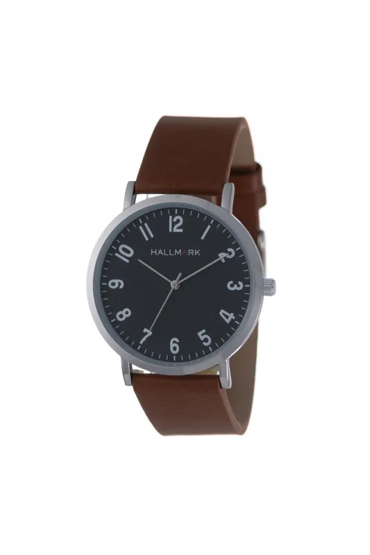 Silver Brown Leather Strap Black Dial Watch - Silver made by Hallmark