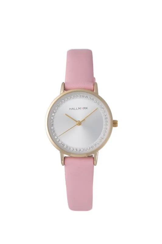 Round Stone Gold Detail Dial Pink Pu Leather Watch - Gold sold by Edgars