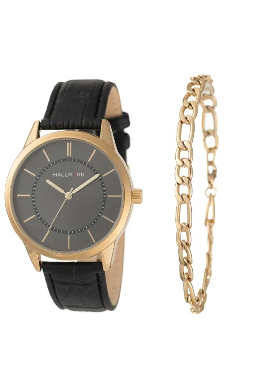Gold & Leather Watch & Figaro Bracelet Box Set - Gold made by Hallmark