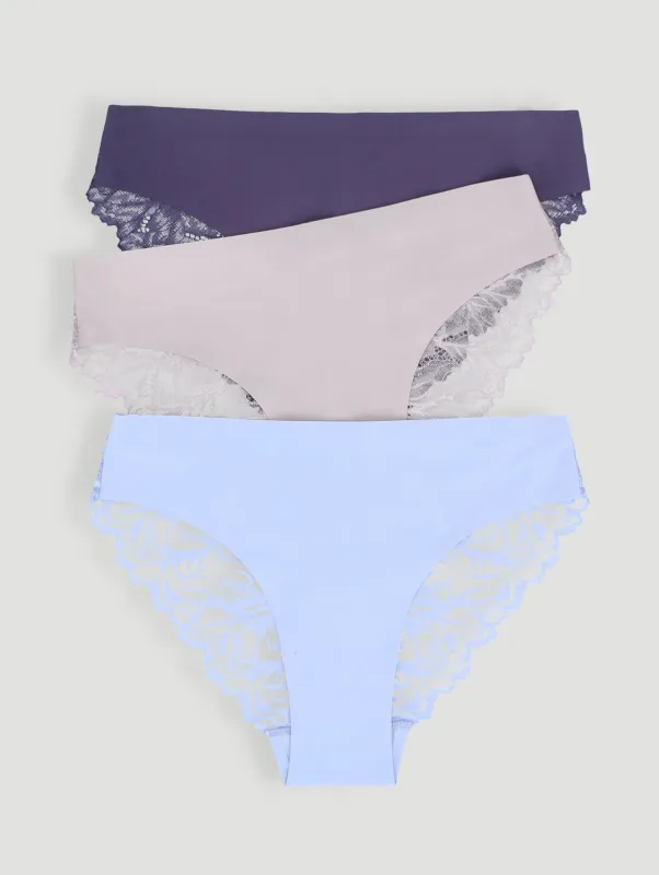 3 Pack Bonded Lace Brazilian Panties - Slate/Blue/Stone sold by Edgars