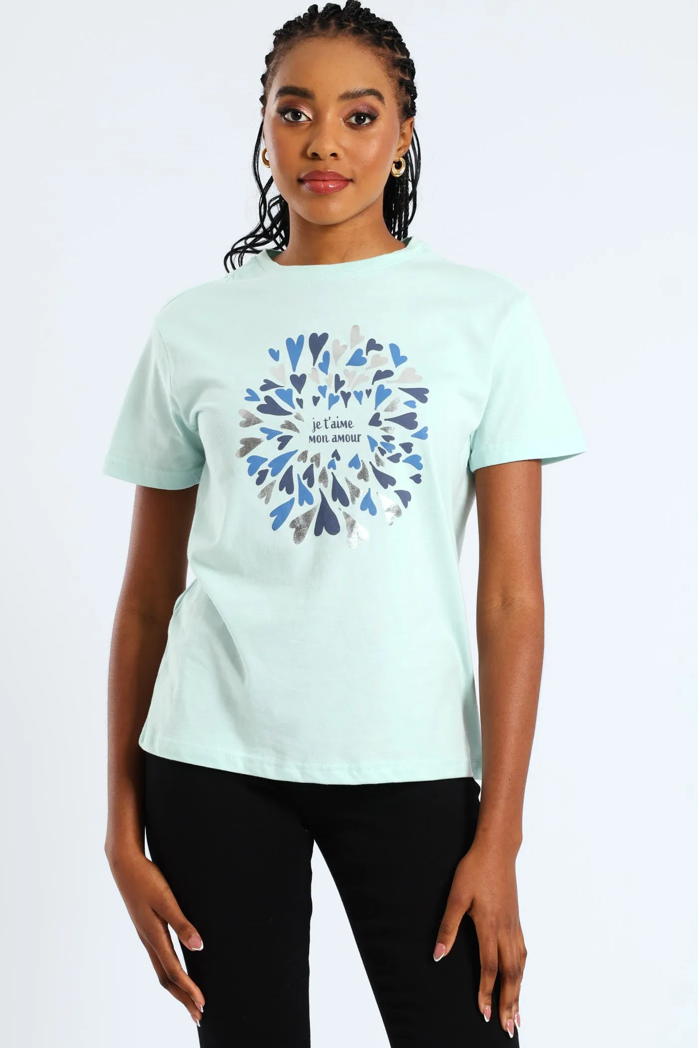 Romantic French Slogan Hearts Foil Tee - Light Blue sold by Edgars