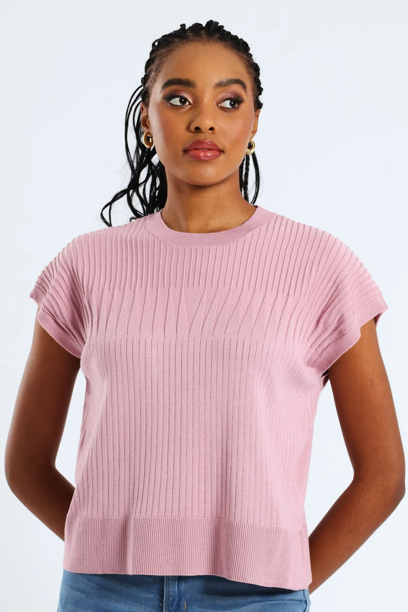 Zig-Zag Yoke Pointelle Grown On Sleeve Tee - Mauve sold by Edgars