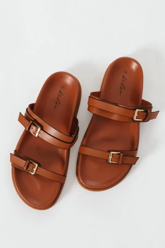 Buckle Detail Double Band Mule Sandal - Tan sold by Edgars