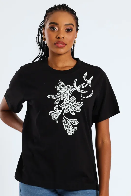 Rib Neck Boxy Puff Placement Floral Tee - Black sold by Edgars