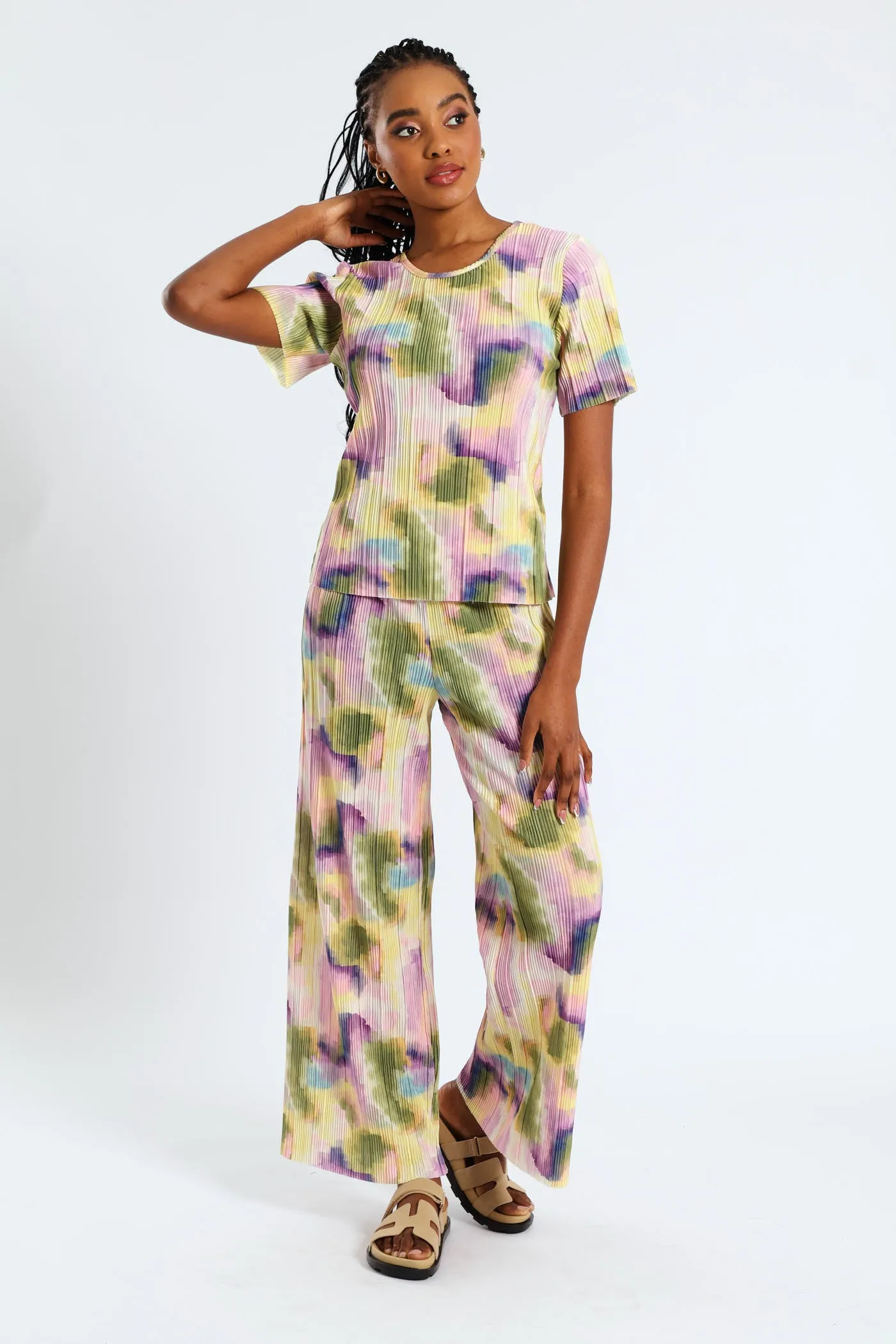 Pull-On Printed Plisse Wideleg Pants - Multi sold by Edgars