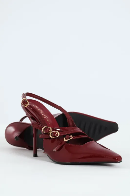 Patent Pointy Buckle Multistrap Slingback Heel - Burgundy sold by Edgars