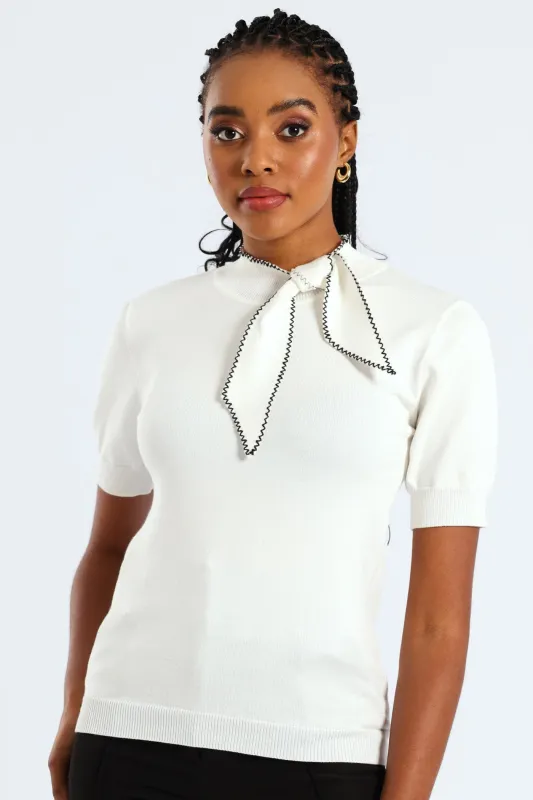 Kitty Bow Zig Zag Pullover Tee - Black/Cream sold by Edgars