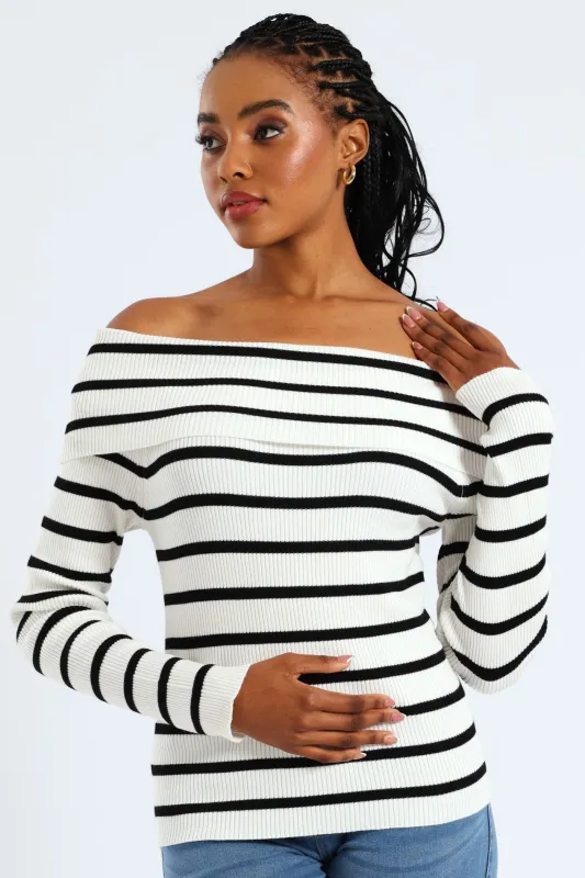 Bardot Stripe Knitwear Top - White/Black sold by Edgars 
