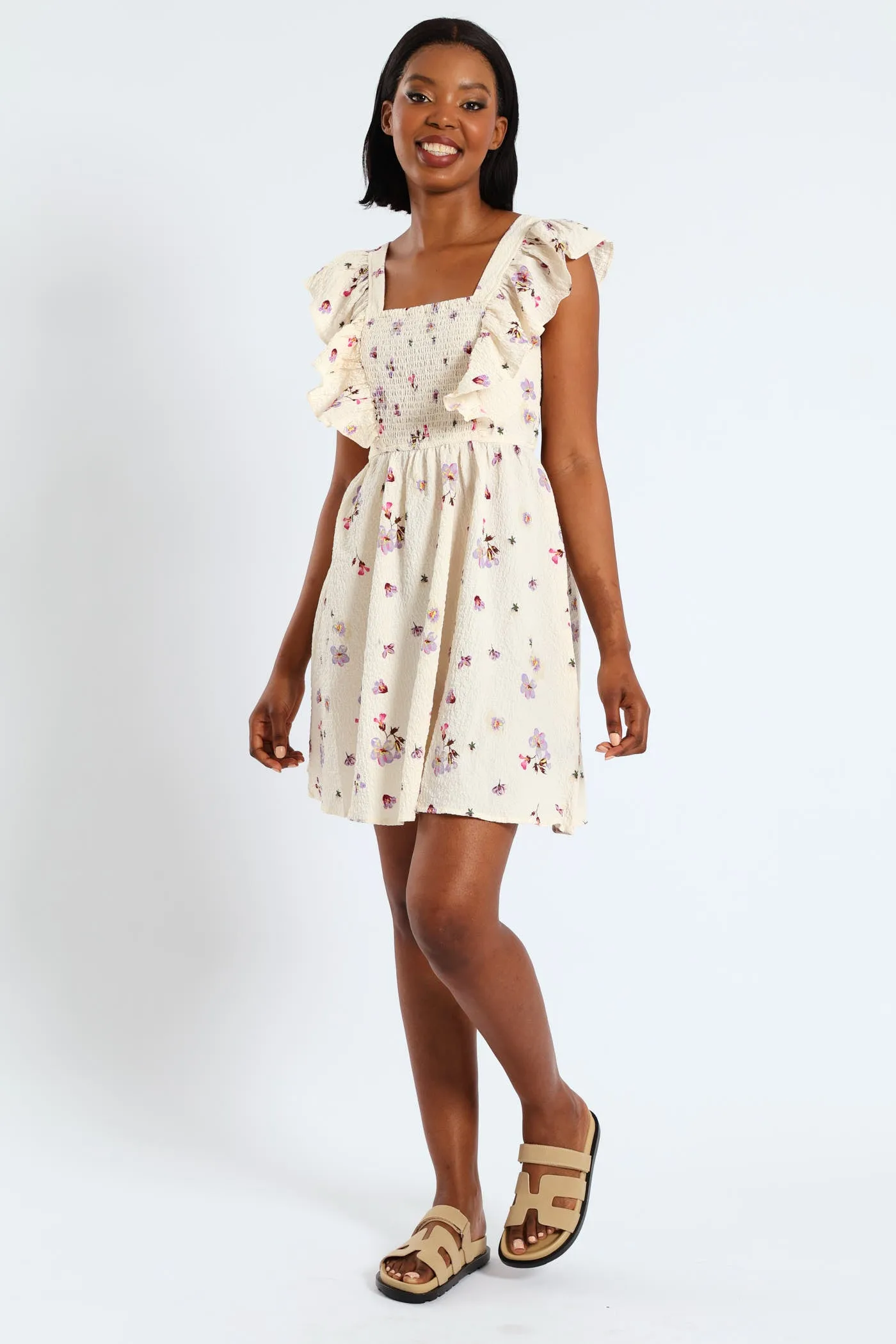 Postcard Frill Smock Mini Dress - Cream sold by Edgars