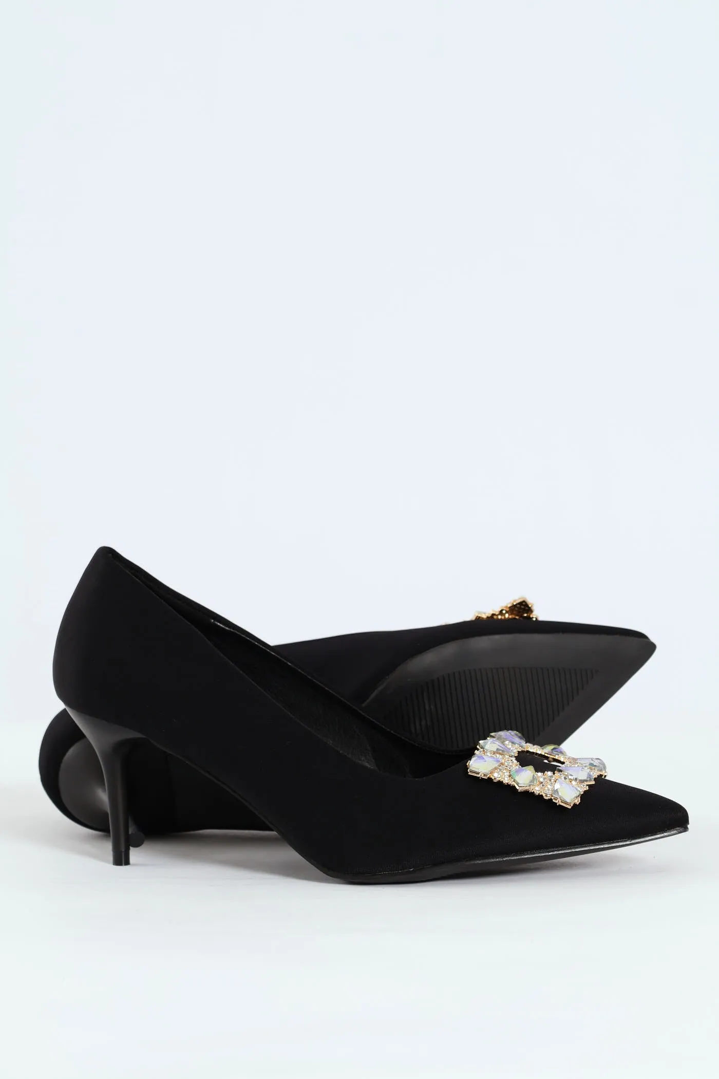 Square Diamante Trim Kitten Court Heel - Black sold by Edgars