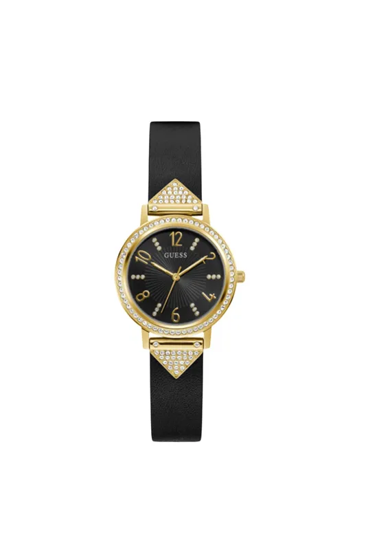 Gold Case With Crystals & Black Dial With Black Glitzy Leather Strap - Gold sold by Edgars