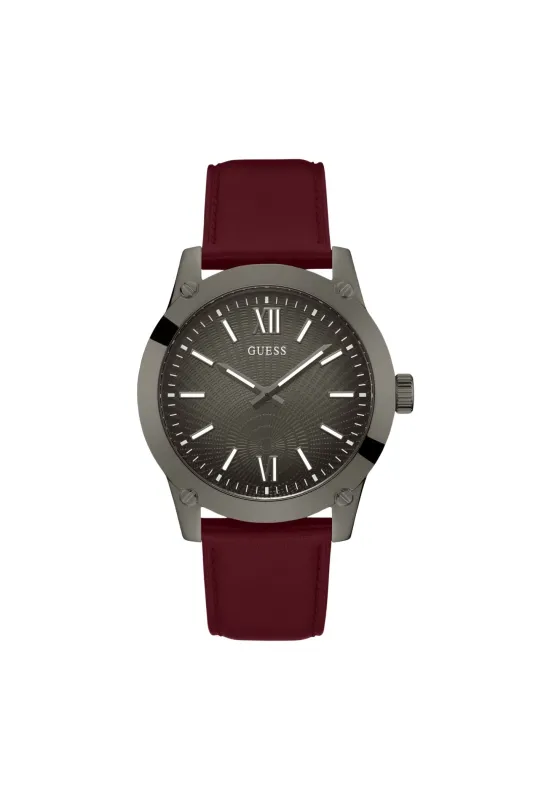 Black Case Watch With Black Dial & Burgundy Leather Strap - Black sold by Edgars 