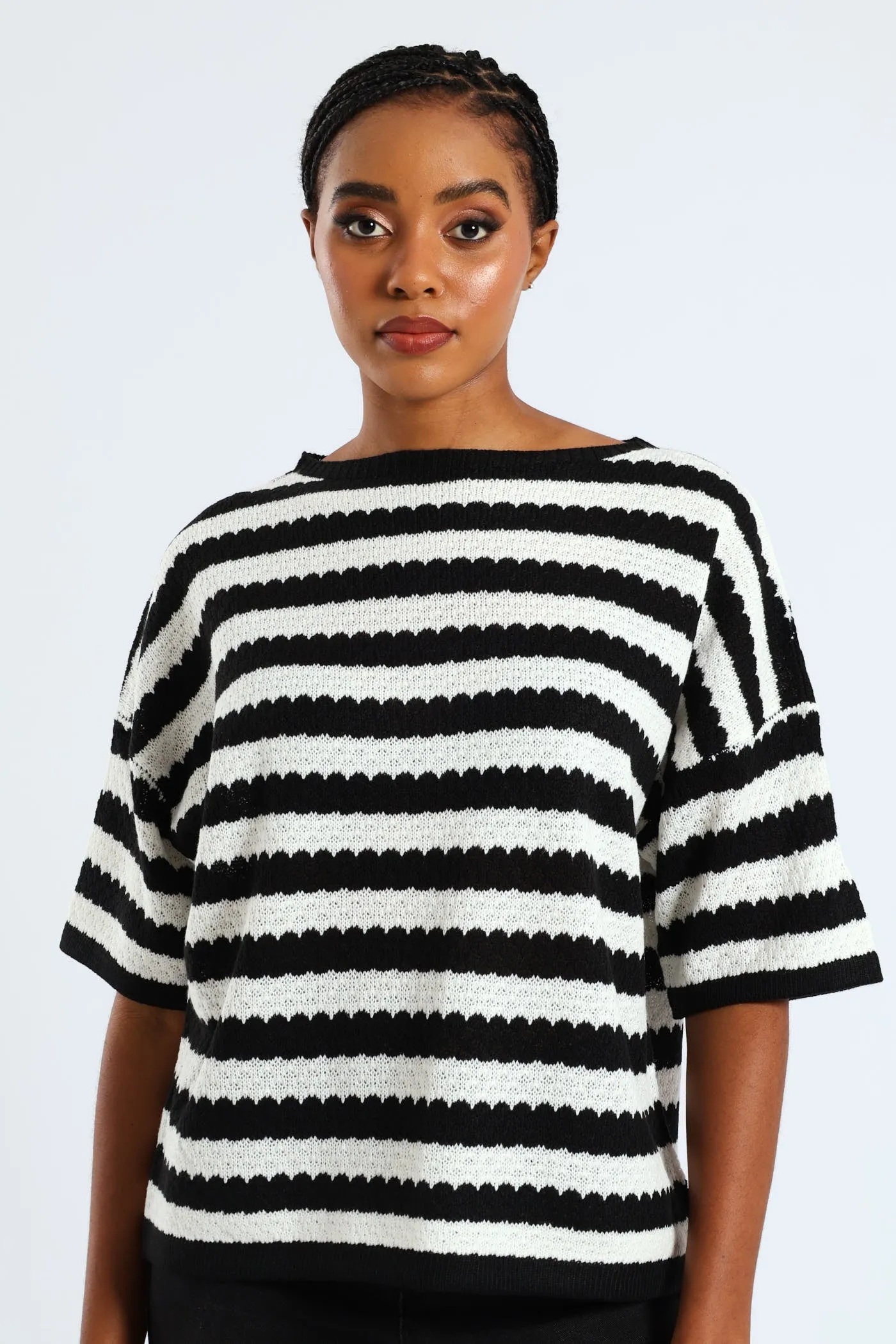 Striped Relaxed Pointelle Tee - Black/Cream sold by Edgars
