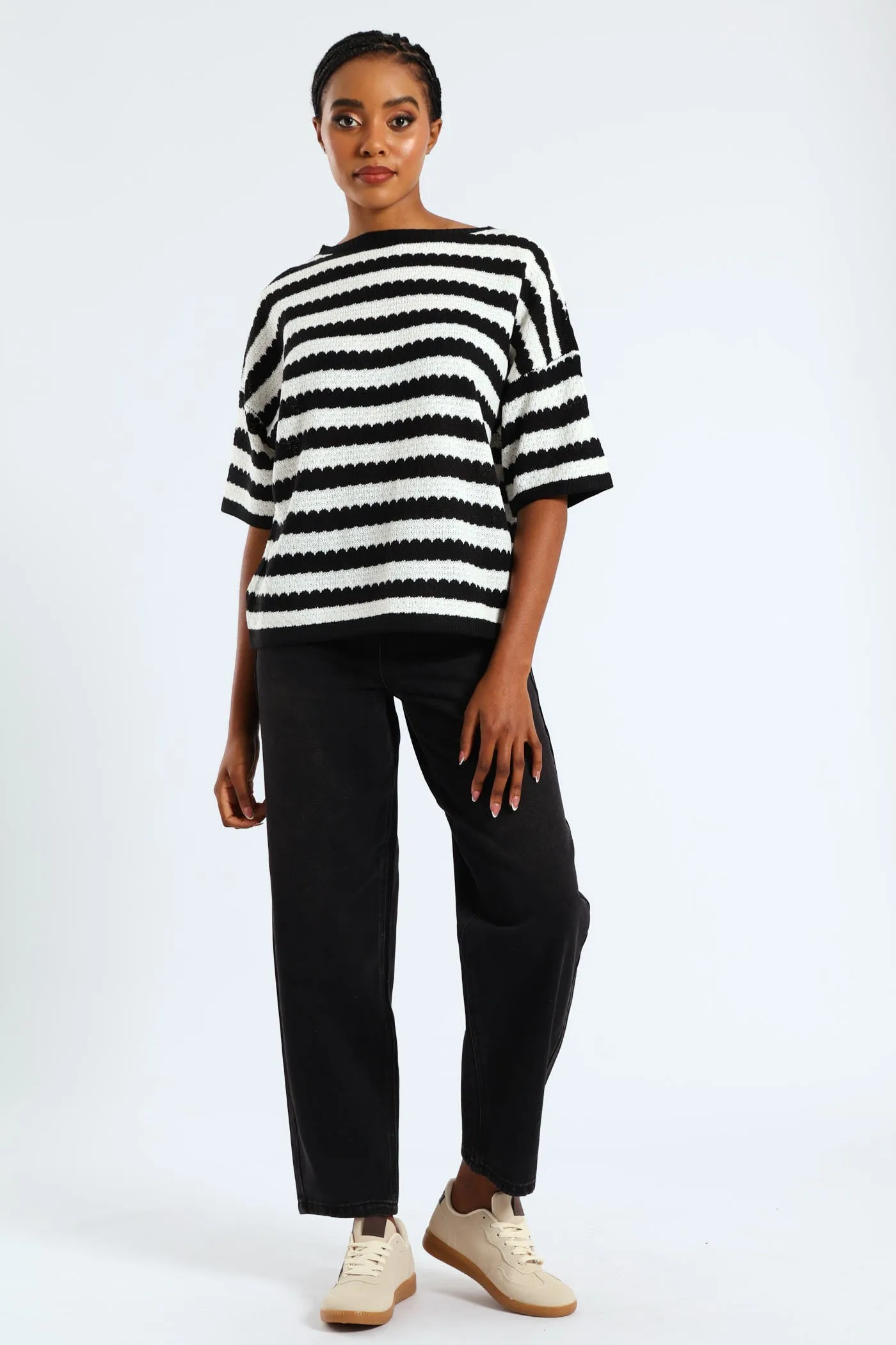 Striped Relaxed Pointelle Tee - Black/Cream sold by Edgars product image thumbnail 2