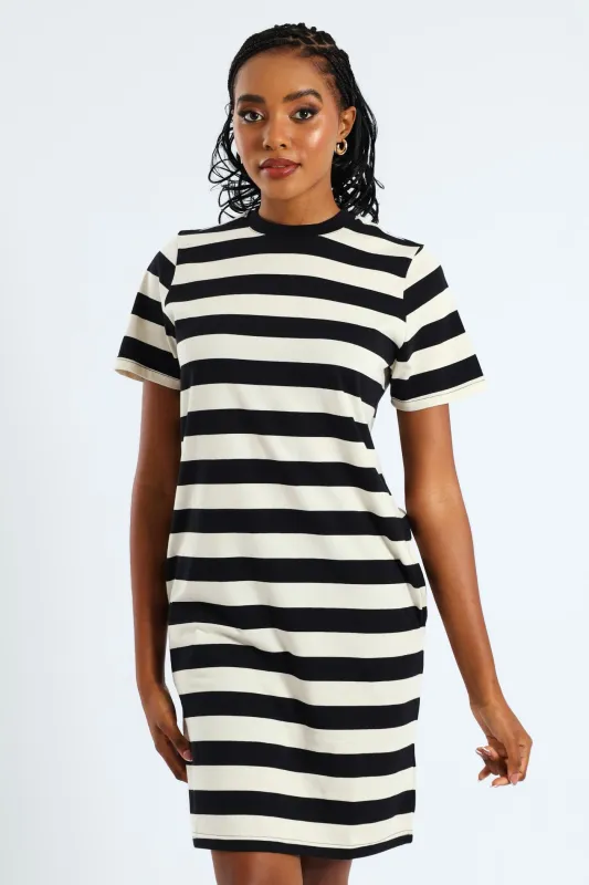 Crew Neck Stripe T-Shirt Pocket Dress - Black/Beige sold by Edgars